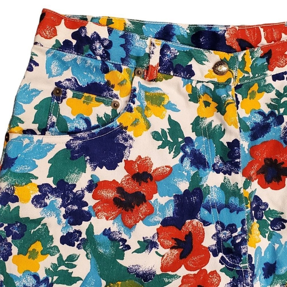 Vintage 90s Womens Size 14 Floral Denim Baggy Mom Shorts 7" Inseam - Picture 2 of 6